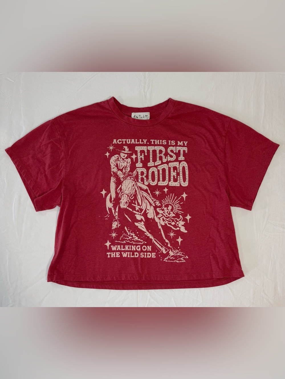 Outlaw Women's M First Rodeo Rhinestone Western Cowgirl Graphic Tee